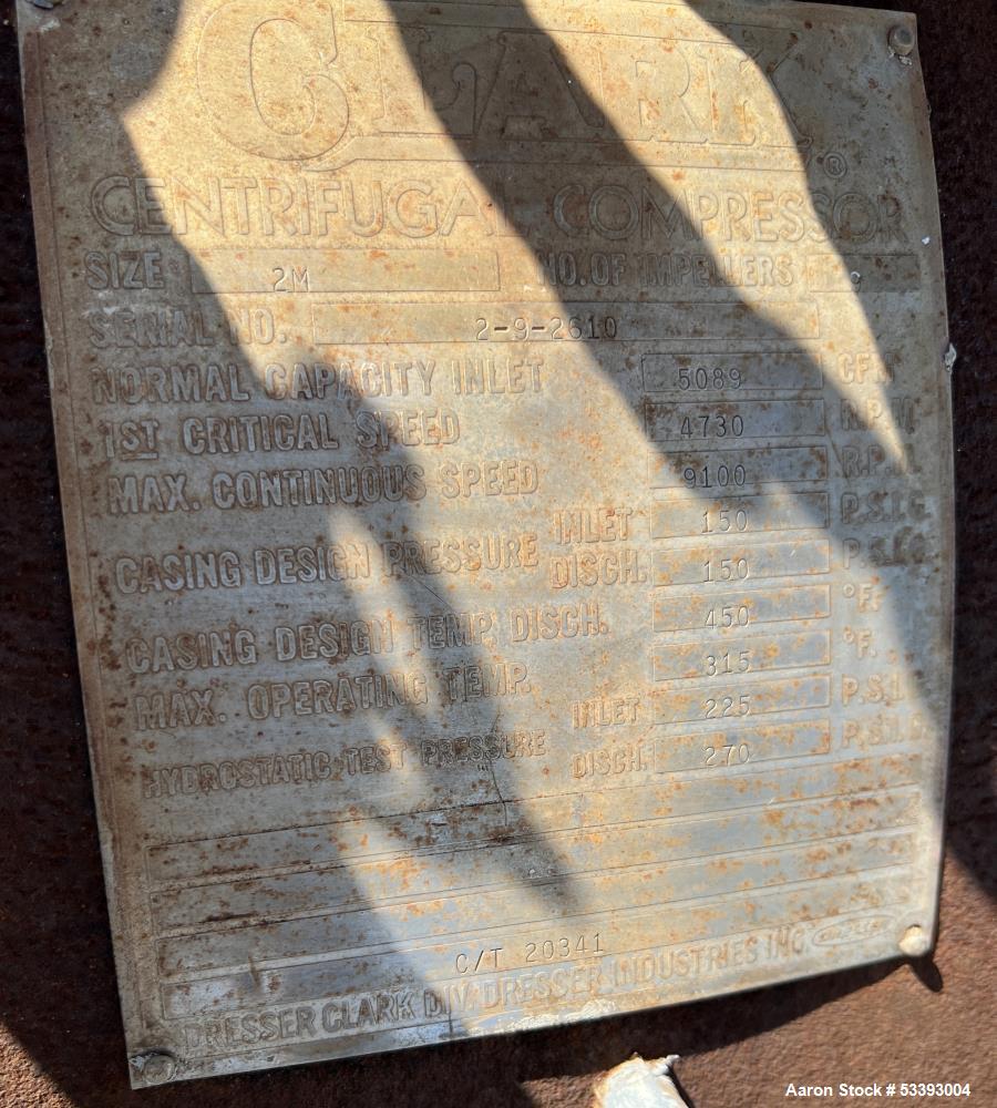 Used – Clark Centrifugal Compressor Model C/T 20341, Size 2M – 5089 CFM, 9 Impellers, w/ GE 1750 HP Motor