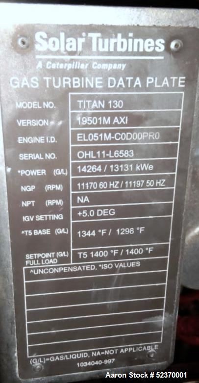 Used Solar 13.8 MW Titan 130 Natural Gas Turbine Generator