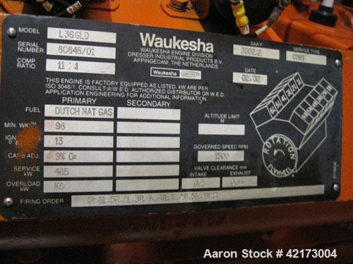 Used Waukesha Gas Generator, Model L 36 GLD.500 kW, Stamford generator 670 kva, RH 45,000 after revision 10,000 hours, 1500 rpm/50 hz/240/400V, complete with panel and exhaust pipe. Manufactured 2002.