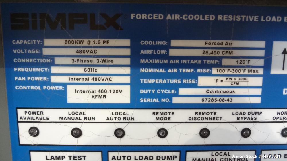 Used Simplex Mars 800 kW Forced Air-Cooled Resistive Load Bank, LBS Series, Model Mars 800.  Capacity 800 kw at 1.0 PF, voltage 480 VAC, connection 3 phase, 3 wire, frequency 60 hz, fan power 480 VAC...