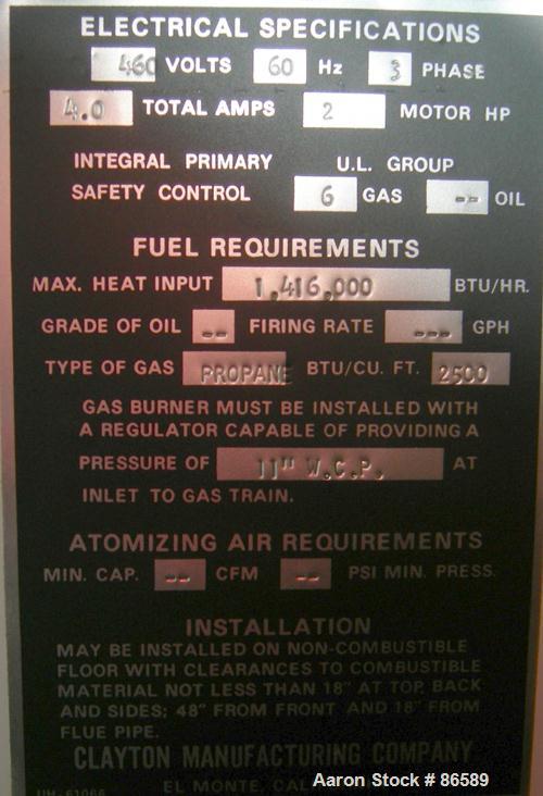 USED: Clayton steam generator, model EG-33-IRI, natural gas fired. Boiler output 33 bhp, net heat output 1,104,675 but/hr (323 kw), heat input 1,416,250 btu/hr equivalent output from and at 212 degre...