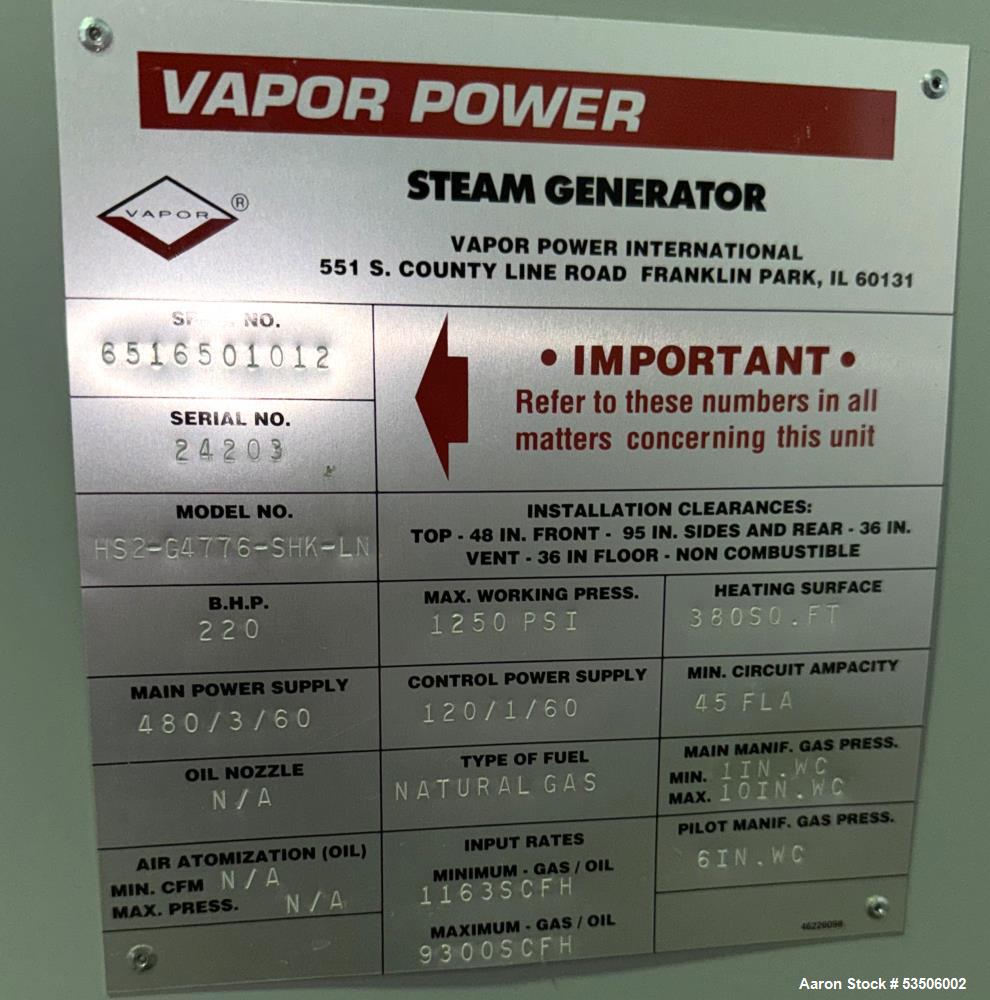 Vapor Power Natural Gas Steam Generator, Model HS2-G4776-SHK-LN