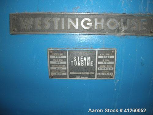 Used Westinghouse Steam Turbine Generator Set. Generator Westinghouse AC, approximately  6,000 kW /  7500 KVA, 6900 volts, 628 amps, 80 &PF, 3 phase, 60 Hz. 3600 rpm, 336 exc amps, 125 exc volts, 60S...