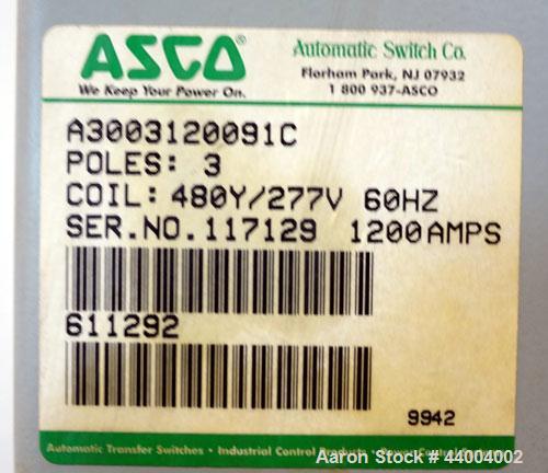 Used- ASCO Series 300 Automatic Transfer Switch. 1200 Amps, 480/277 volts, 60 hz, 3 phase. Type 1 enclosure.