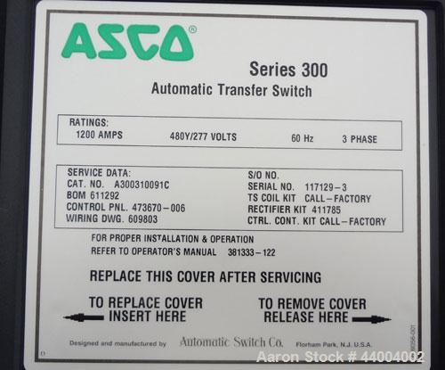 Used ASCO Series 300 Automatic Transfer Switch. 1200 Amps, 480/277 volts, 60 hz, 3 phase. Type 1 enclosure.