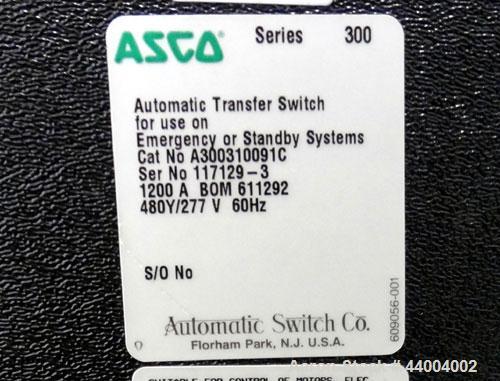 Used ASCO Series 300 Automatic Transfer Switch. 1200 Amps, 480/277 volts, 60 hz, 3 phase. Type 1 enclosure.