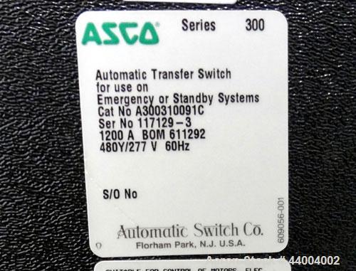 Used- ASCO Series 300 Automatic Transfer Switch. 1200 Amps, 480/277 volts, 60 hz, 3 phase. Type 1 enclosure.