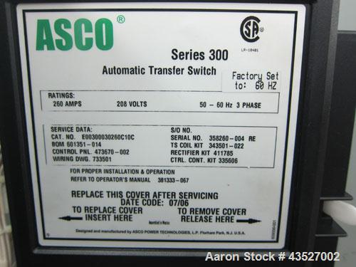Used Asco 300 Series Automatic Transfer Switch. 260 Amps, 3/50-60hz, 208 volt. Cat# E00300030260C10C. Type 1 enclosure.