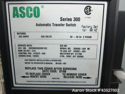 Used- Asco 300 Series Automatic Transfer Switch. 260 Amps, 3/50-60hz, 208 volt. Cat# E00300030260C10C. Type 1 enclosure.