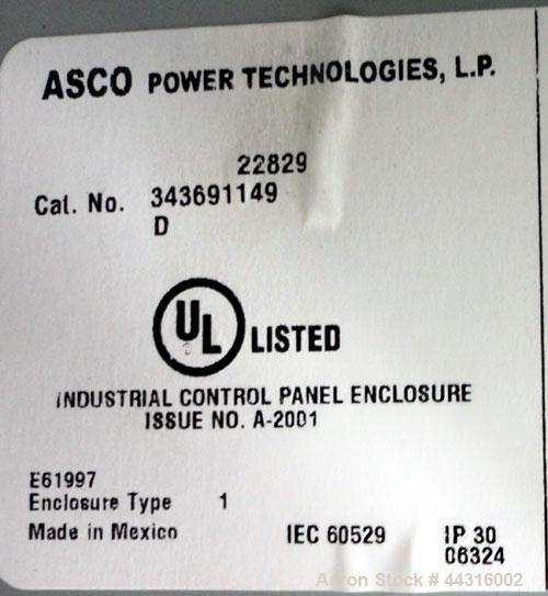 Used Asco 300 Series Power Transfer Switch, 400 Amps, 3/50-60/208 volts. Cat# E00300030400C10C, UL Listed, type 1 enclosure.
