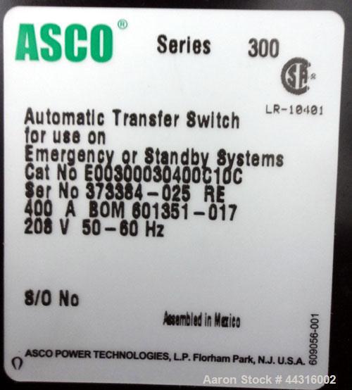 Used Asco 300 Series Power Transfer Switch, 400 Amps, 3/50-60/208 volts. Cat# E00300030400C10C, UL Listed, type 1 enclosure.