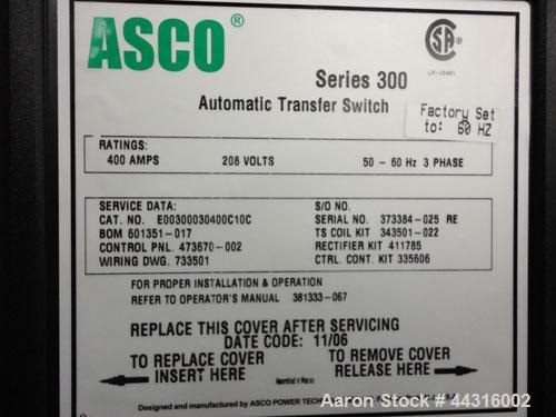 Used Asco 300 Series Power Transfer Switch, 400 Amps, 3/50-60/208 volts. Cat# E00300030400C10C, UL Listed, type 1 enclosure.
