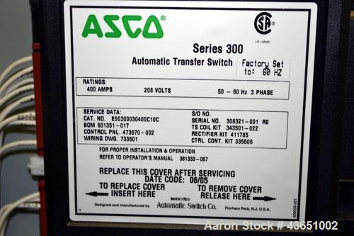 Used Asco 300 Series Automatic Transfer Switch, 400 Amps, Catalogue# E00300030400C10C. 3/60/208 volt. UL Listed type 1 enclosure. Includes a Transtector Apex series Superior Surge Suppression.