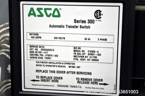 Used Asco 300 Series Automatic Transfer Switch, 400 Amps, Catalogue# E00300030400C10C. 3/60/208 volt. UL Listed type 1 enclosure. Includes a Transtector Apex series Superior Surge Suppression.