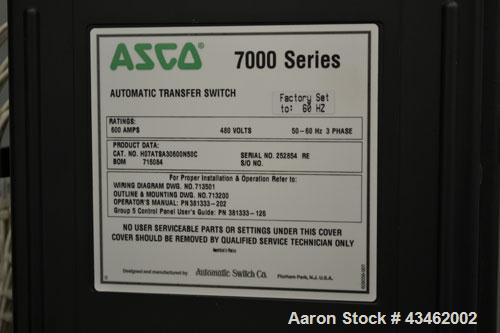Used Asco 7000 Series Automatic Transfer Switch. 600 Amps, 3/50-60hz, 480 volt. Cat# H07ATSA30600N50C. Type 1 enclosure, UL Listed.