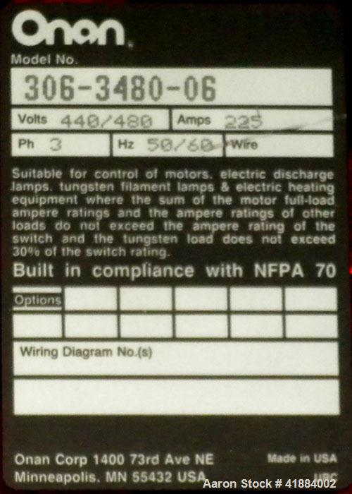Used Cummins/Onan 225 Amp Automatic Transfer Switch,  Model 306-3480-06.  3/60/480 volt. Nema 1 enclosure.