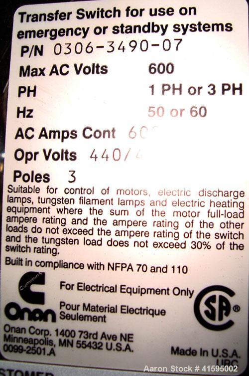 Used Cummins / Onan 600 Amp Automatic Transfer Switch, Model OTC-3383804, Serial#-J990006327. 3/60/480V, Nema 1 enclosure.