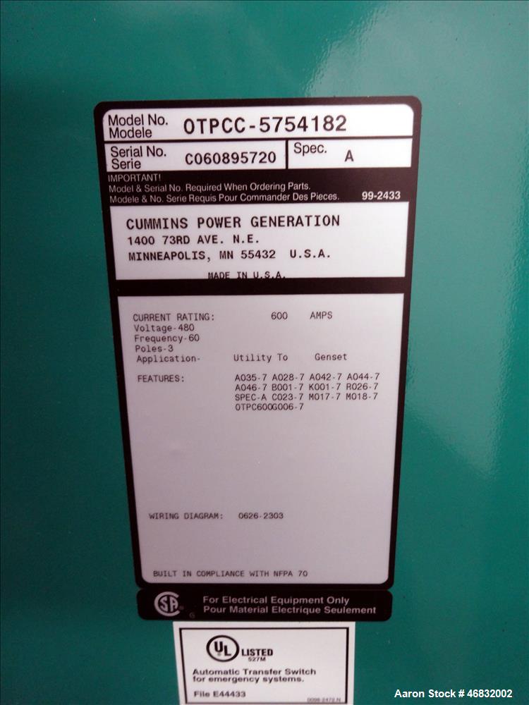 Used Cummins Automatic Transfer switch, Model OTPCC-5754182, 600 Amp.