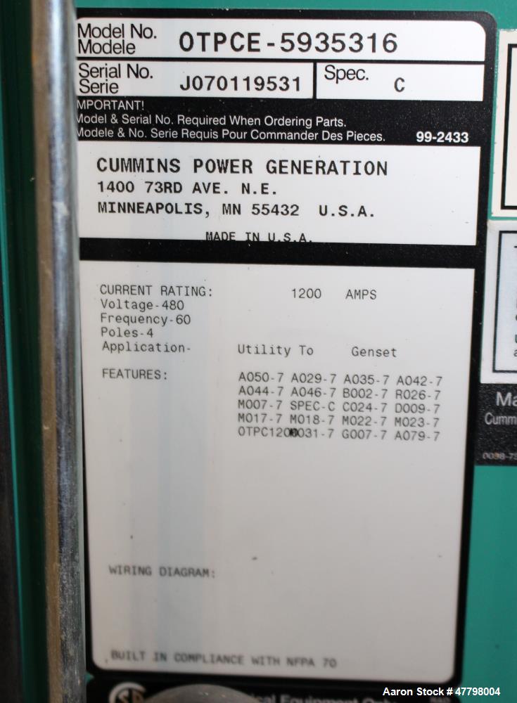 Used Cummins Power Generation 1200 Amp Transfer Switch, Model OTPCE-5935316. 480 Volt. UL Listed, type 3R Rainproof enclosure. Serial# J070119531.