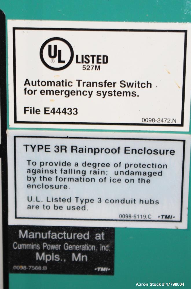 Used Cummins Power Generation 1200 Amp Transfer Switch, Model OTPCE-5935316. 480 Volt. UL Listed, type 3R Rainproof enclosure. Serial# J070119531.