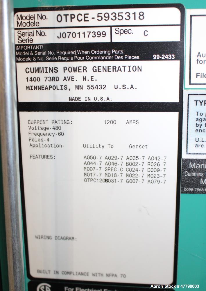 Used Cummins Power Generation 1200 Amp Transfer Switch, Model OTPCE-5935318. 480 Volt. UL Listed, type 3R Rainproof enclosure. Serial# J070117399.