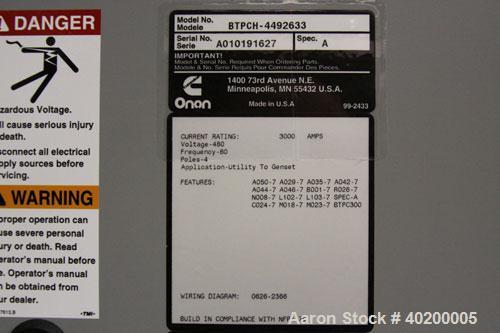 Used Cummins / Onan PowerCommand 3000 Amp ATS / automatic transfer switch with isolation bypass, 3/60/480V, model BTPCH-4492633, Nema 1 enclosure.