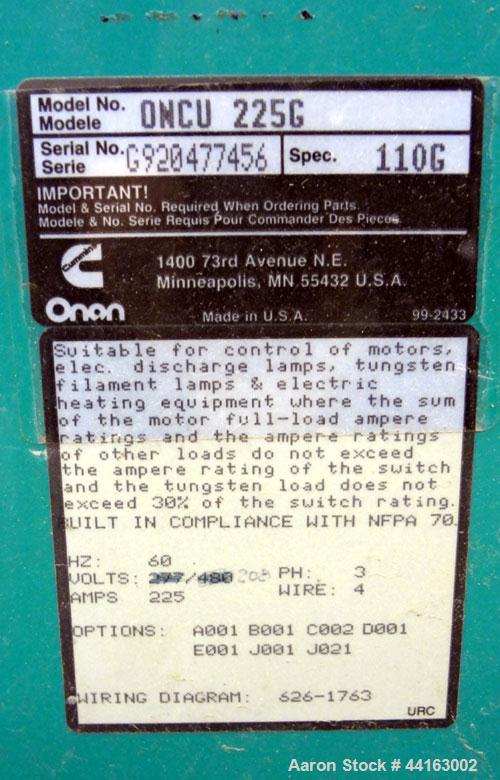 Used Cummins / Onan 225 Amp Automatic Transfer Switch, model ONCU 225G, serial #G920477456. 3/60/208V. Type 1 enclosure.