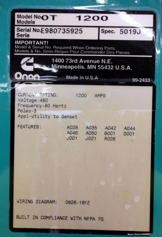 Used Cummins / Onan 1200 Amp Automatic Transfer Switch, model OT-1200, serial #E980735925. 3/60/480V. Type 1 enclosure.