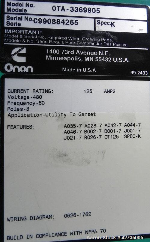 Used Cummins / Onan 125 Amp Automatic Transfer Switch, model OTA-3369905, serial #C990884265. 3/60/480V. Type 1 enclosure.