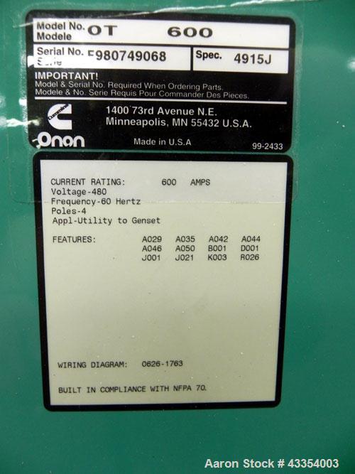 Used Cummins / Onan 600 Amp Automatic Transfer Switch, model OTA-600, serial #E980749068. 3/60/480V. Type 1 enclosure.