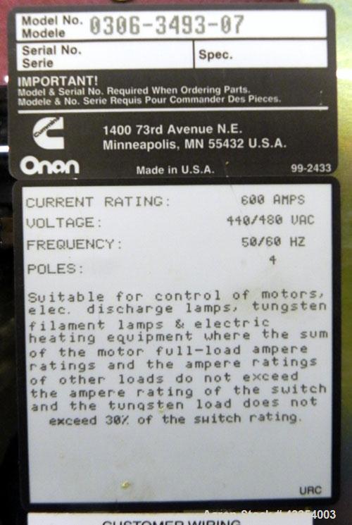 Used Cummins / Onan 600 Amp Automatic Transfer Switch, model OTA-600, serial #E980749068. 3/60/480V. Type 1 enclosure.
