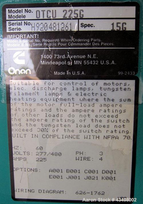 Used Cummins Automatic Transfer Switch, model OTCU 225G, serial H920481261, 225 amps, 277/480 volts, 3 phase, 60 Hz, year 1992.