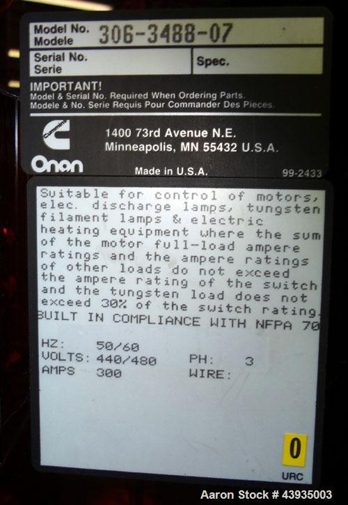 Used Cummins / Onan Transfer Switch, Model OTCU 300G.  300 Amps, 3/60/277/480 volts.  Serial #D920460109.