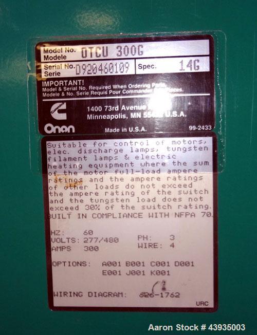 Used Cummins / Onan Transfer Switch, Model OTCU 300G.  300 Amps, 3/60/277/480 volts.  Serial #D920460109.