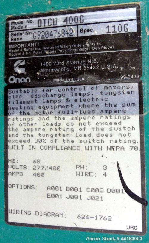 Used Cummins / Onan 400 Amp Automatic Transfer Switch, model OTCU 400G, serial #G920476842. 3/60/277/480V. Type 1 enclosure.