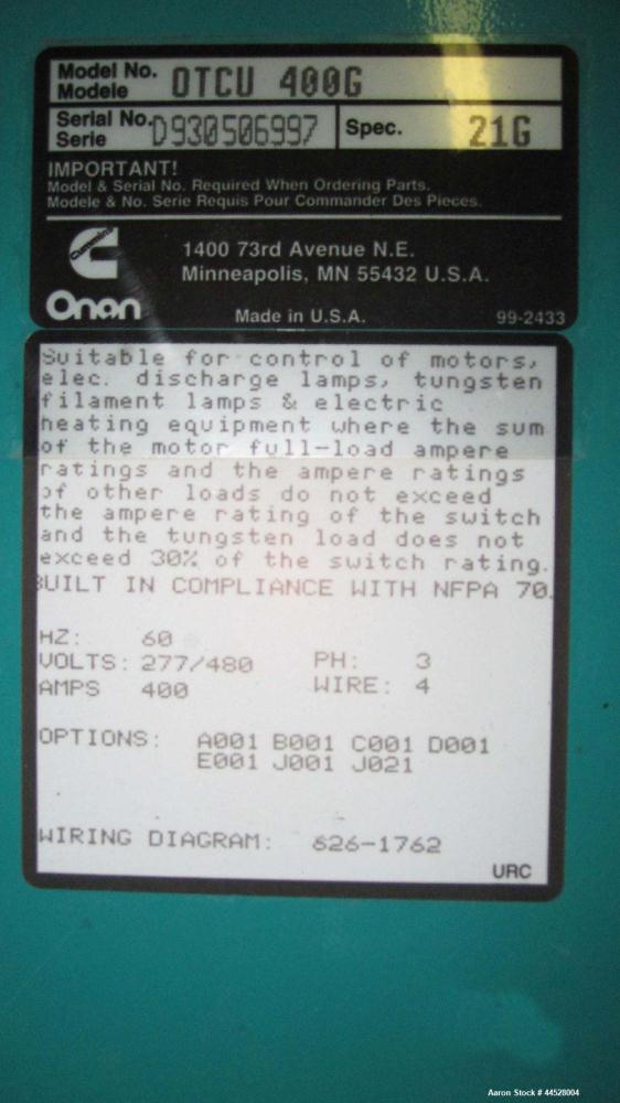 Used Cummins 400 AMP Automatic Transfer Switch, Model OTCU 400G, Serial #930506997.  3/60/480V.  Nema 1 enclosure.
