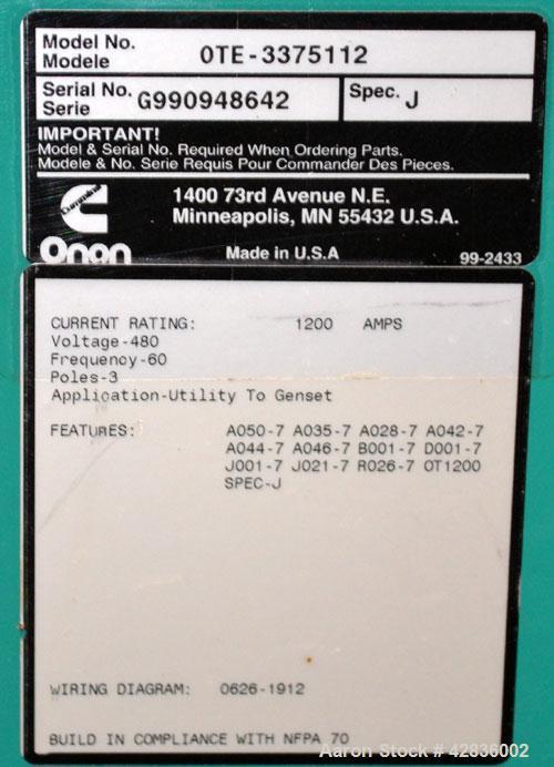 Used Cummins / Onan 1200 Amp Automatic Transfer Switch, Model OTE-3375112, Serial #G990948642. 3/60/480V. Type 1 enclosure.