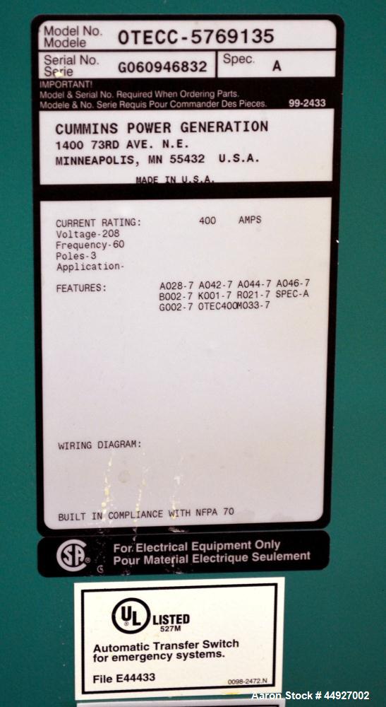 Used Cummin/Onan 400 Amp Automatic Transfer Switch, Model OTECC-5769135.