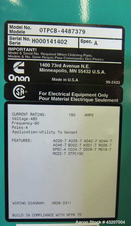 Used- Cummins / Onan Power Command Automatic Transfer Switch, 150 Amp, Model OTPCB-4487379, serial# H000141402. 4 Pole, 3/60...