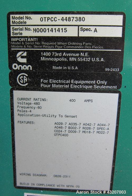 Used Cummins / Onan Power Command Automatic Transfer Switch, 400 Amp, Model OTPCC-4487380, serial# H000141415. 4 Pole, 3/60/480 Volt.