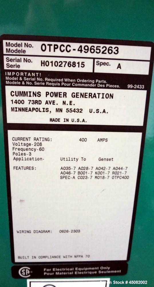Used Cummins/Onan 400 Amp Power Command Transfer Switch, model OTPCC-4965263, serial# H010276815, 3-pole, 3/60/208 volts