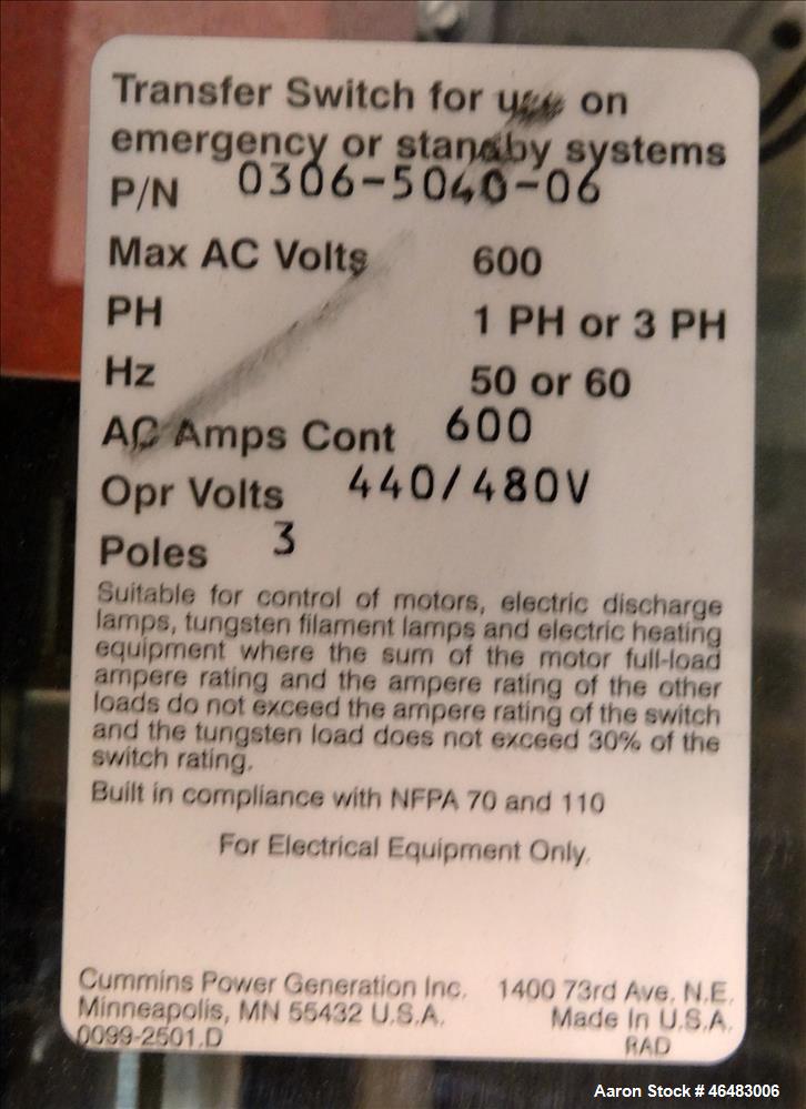 Used Cummins 600 Amp ATS automatic transfer switch