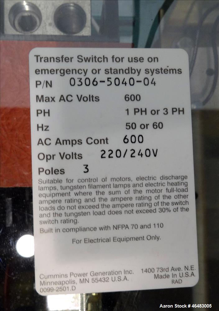 Used Cummins 600 Amp service entrance rated ATS automatic transfer switch