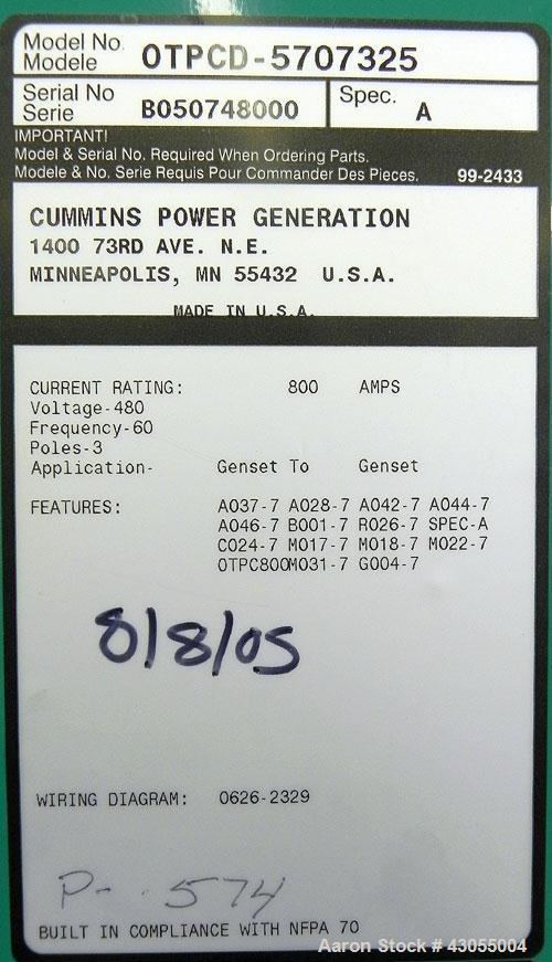 Used Cummins Power Command Automatic Transfer Switch, 800 Amp, model OTPCD-5707325, SN-B050748000. 3 pole, nema 1, 3/60/480V.
