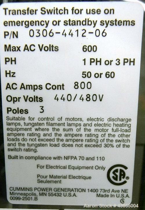 Used Cummins Power Command Automatic Transfer Switch, 800 Amp, model OTPCD-5707325, SN-B050748000. 3 pole, nema 1, 3/60/480V.