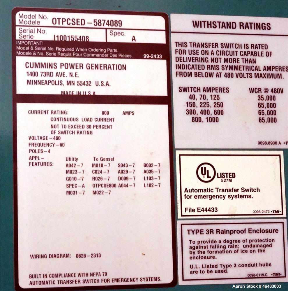 Used Cummins Power Command 800 Amp service entrance rated ATS automatic transfer switch 3/60/277/480V. Cummins model OTPCSED-5874089, nema 3R outdoor enclosure, UL 1008/CSA certified. Year 2010.