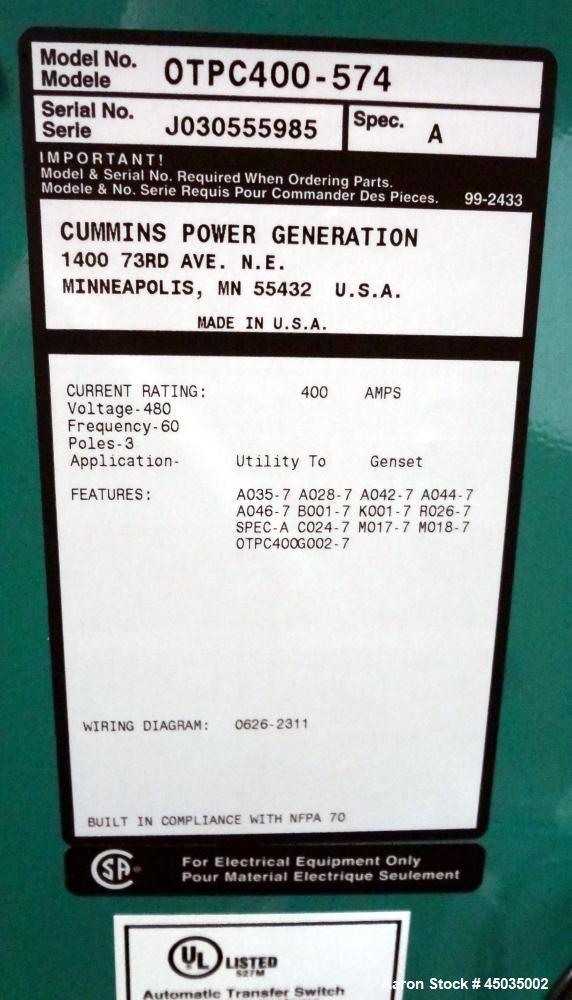 Used Cummin / Onan 400 Amp Automatic Transfer Switch, Model OTPC400-574. 480/60/3.  UL Listed, type 1 enclosure.  Serial #J030555958.