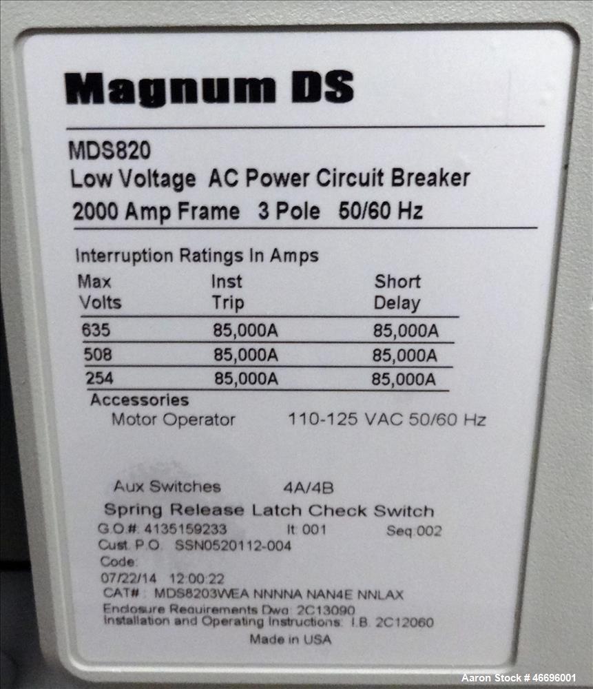 Unused- Cutler Hammer Magnum Drawout 2000 Amp service entrance ATS automatic tra