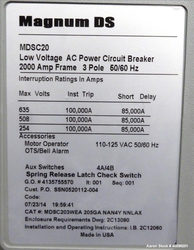 Unused- Cutler Hammer Magnum Drawout 2000 Amp service entrance ATS automatic tra