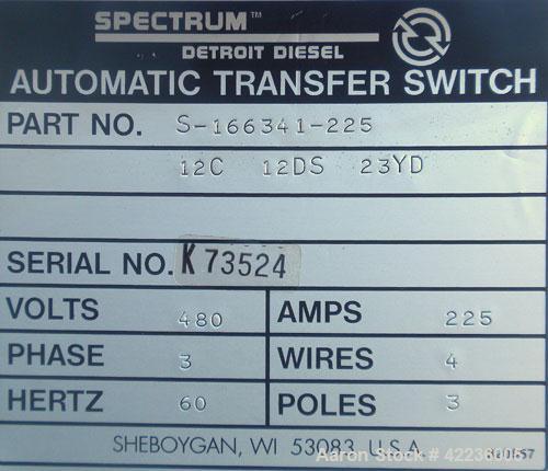 Used Spectrum / Detroit Diesel 225 Amp 3/60/480V, 3 pole, automatic transfer switch, part no S-166341-225, SN K73524.Nema 1 enclosure.